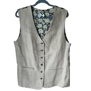 Vintage Ann Taylor Linen Vest Button Down‎ Contrast Floral Back Taupe 90s Large